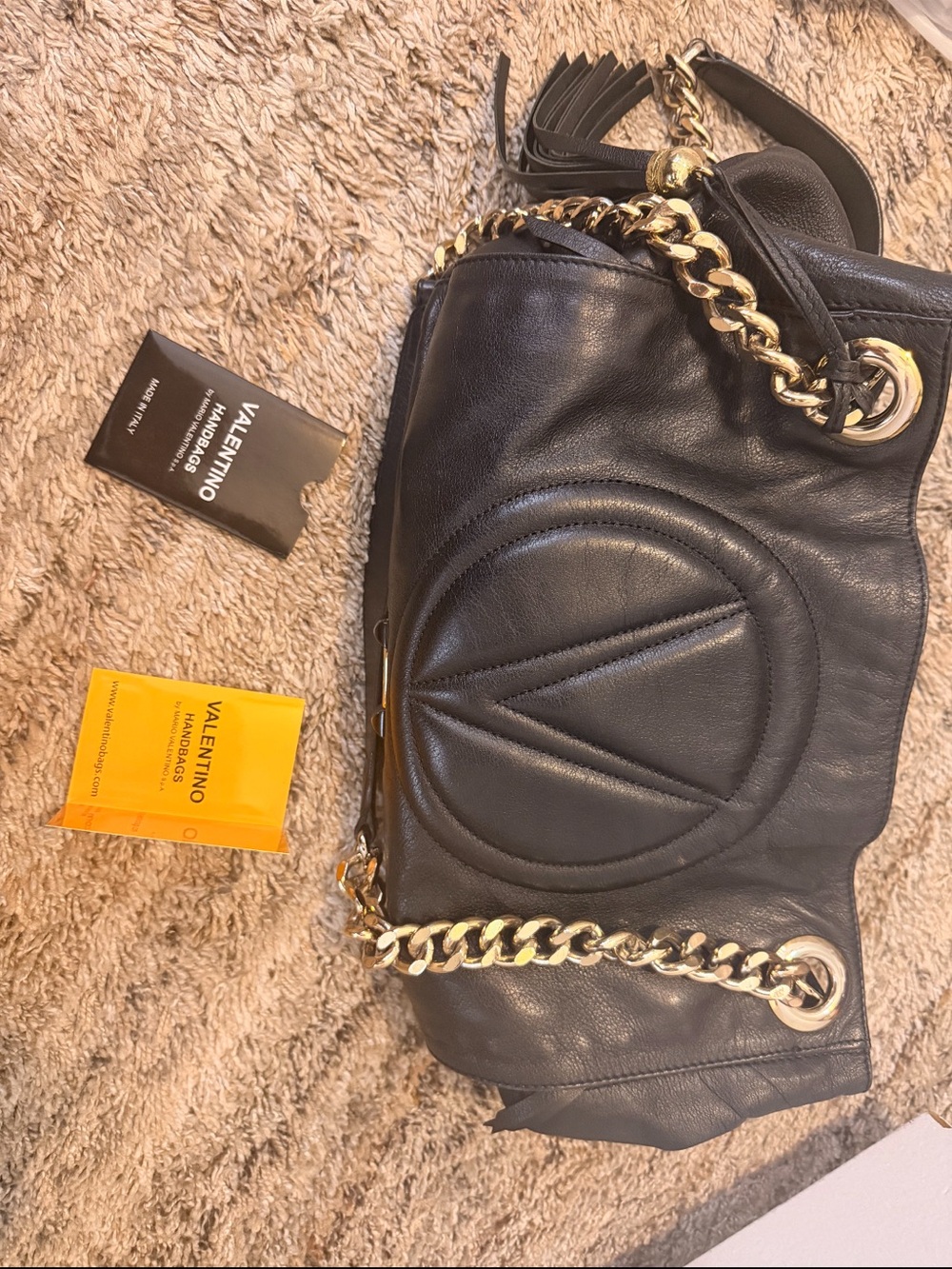 Valentino Black Leather Shoulder Bag with Gold Chain Accents